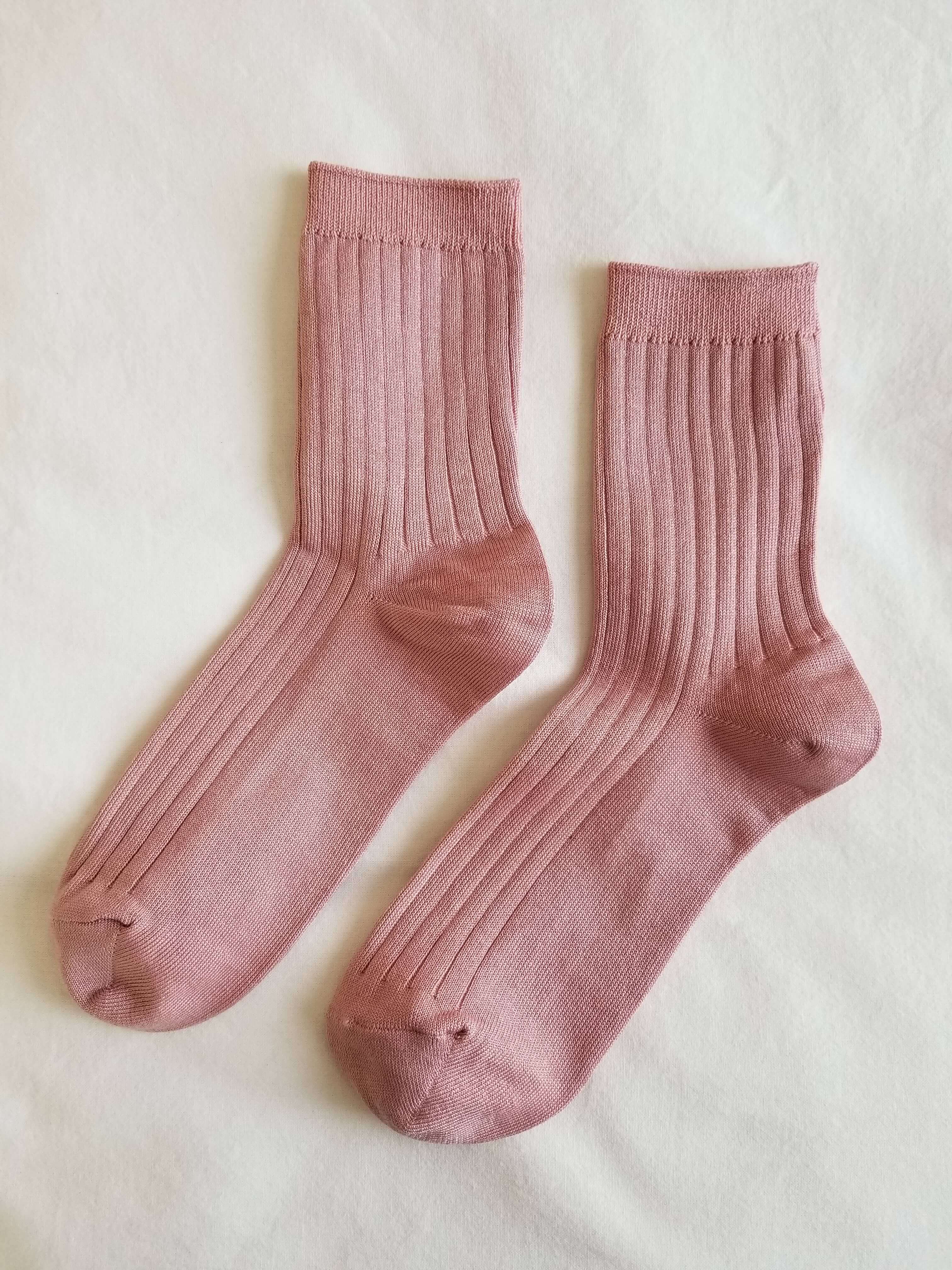 Pair of Classically ribbed, perfect height, breathable cotton blend yarn in soft dessert rose