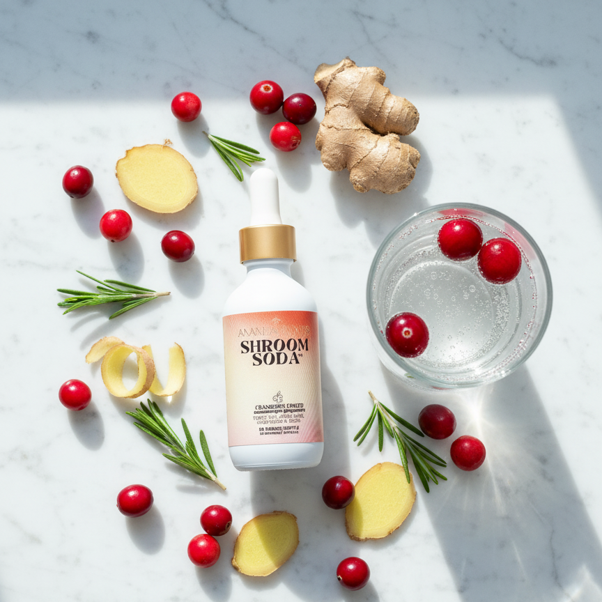 Ananda Elixirs Shroom Soda® – Cranberry Ginger – Dropper bottle with fresh cranberries and ginger root on marble
