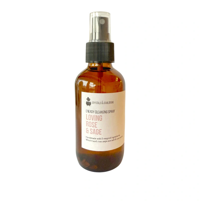 Brown glass spray bottle with a label on a white background