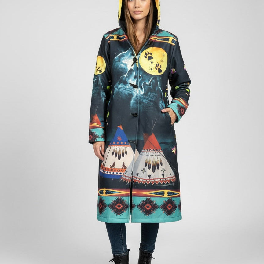 OldTribes Eternal Wolf Long Coat – Unisex Indigenous Pattern – Full Length