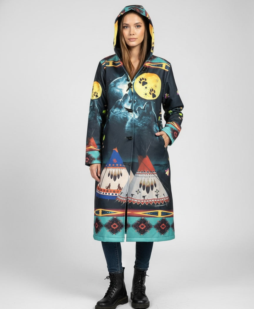 OldTribes Eternal Wolf Long Coat – Unisex Indigenous Pattern – Full Length