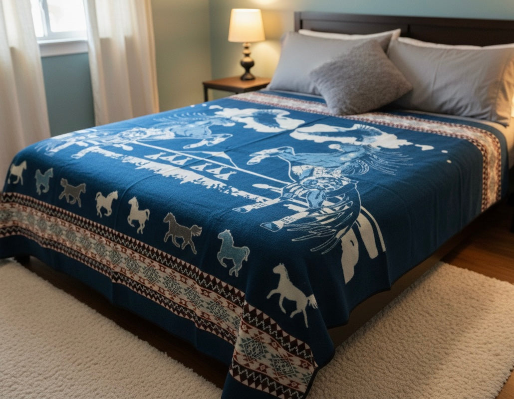 Old Tribes Horse Spirits Alpaca Blanket – turquoise – Queen Size Southwestern Blanket