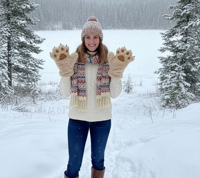A woman standing in a snowy outdoor setting with trees in the background, wearing a cream knit sweater, a multicolor knit scarf, a pink beanie, and oversized beige mittens shaped like animal paws.