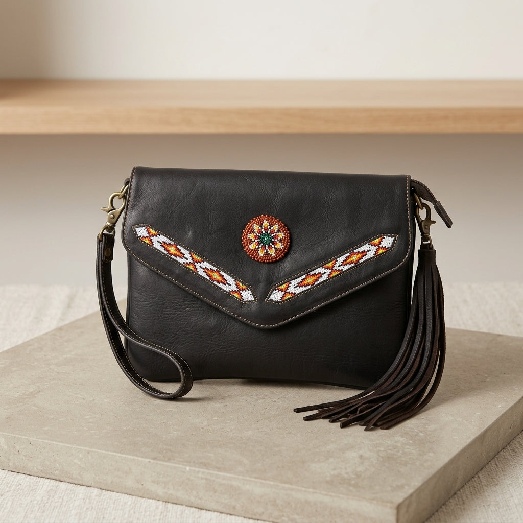 Black leather crossbody clutch bag with a flap closure, decorative geometric beadwork on the front, a round multicolor medallion, and a long tassel, displayed on a stone block.