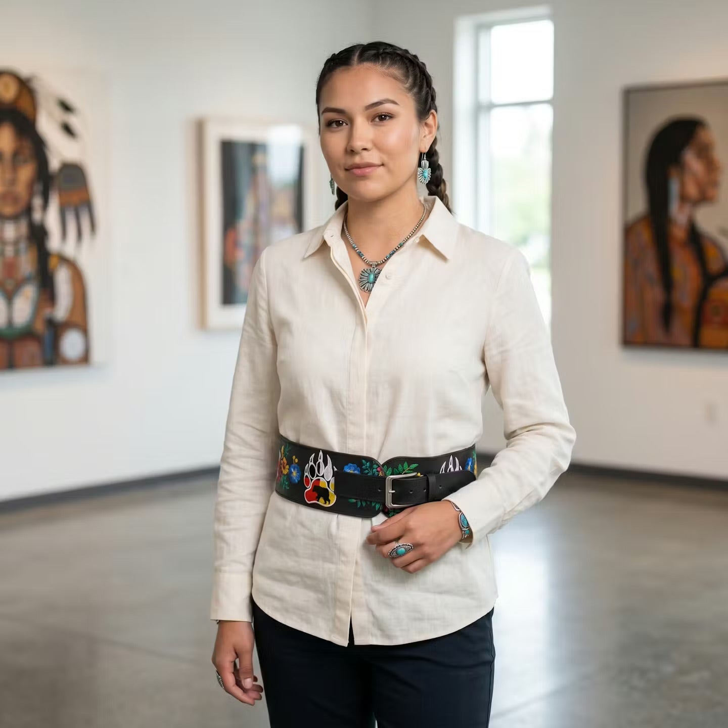 Woman in a white shirt with a colorful belt standing in an art gallery.