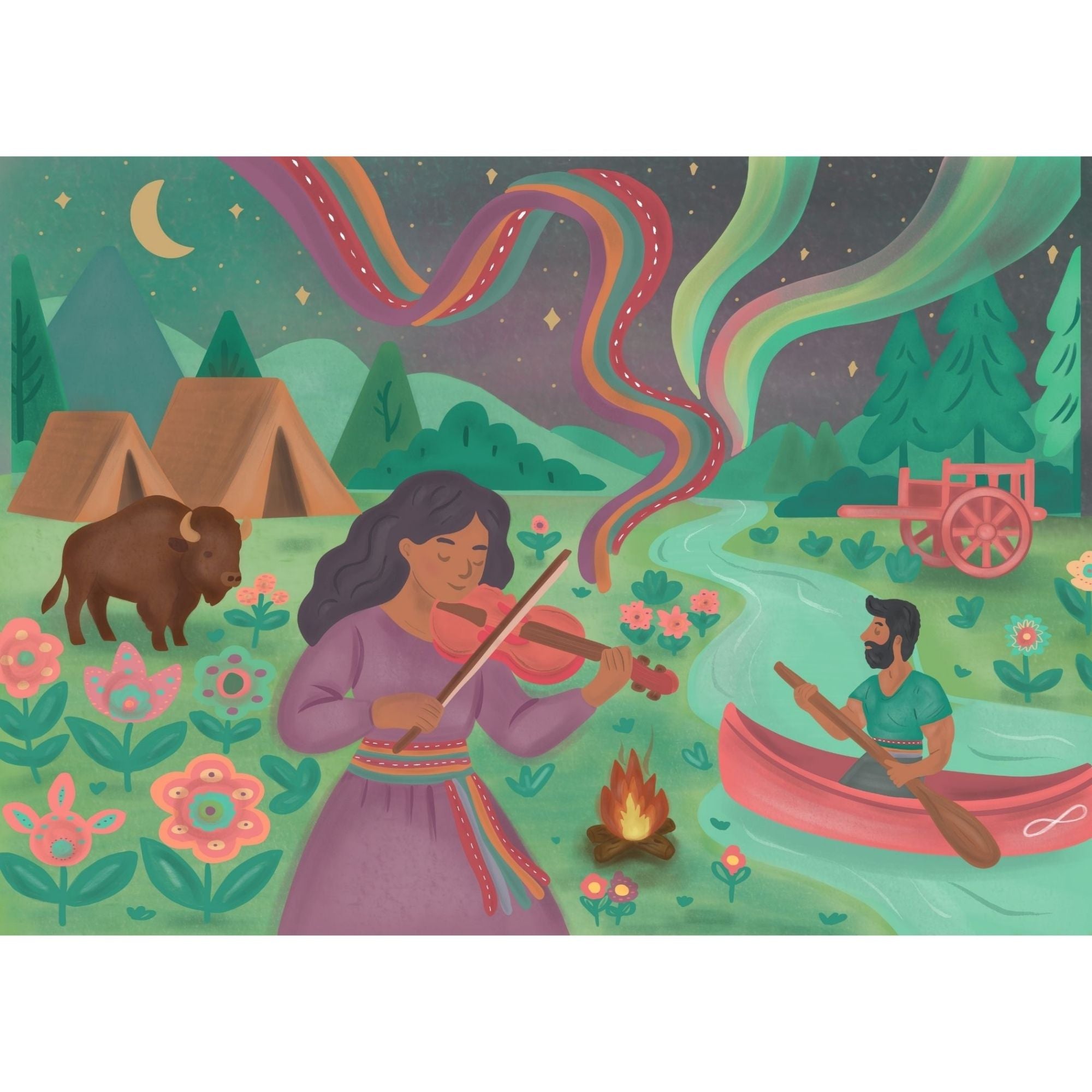 Illustration of a woman playing violin by a campfire with a man in a canoe, surrounded by nature and Northern Lights.