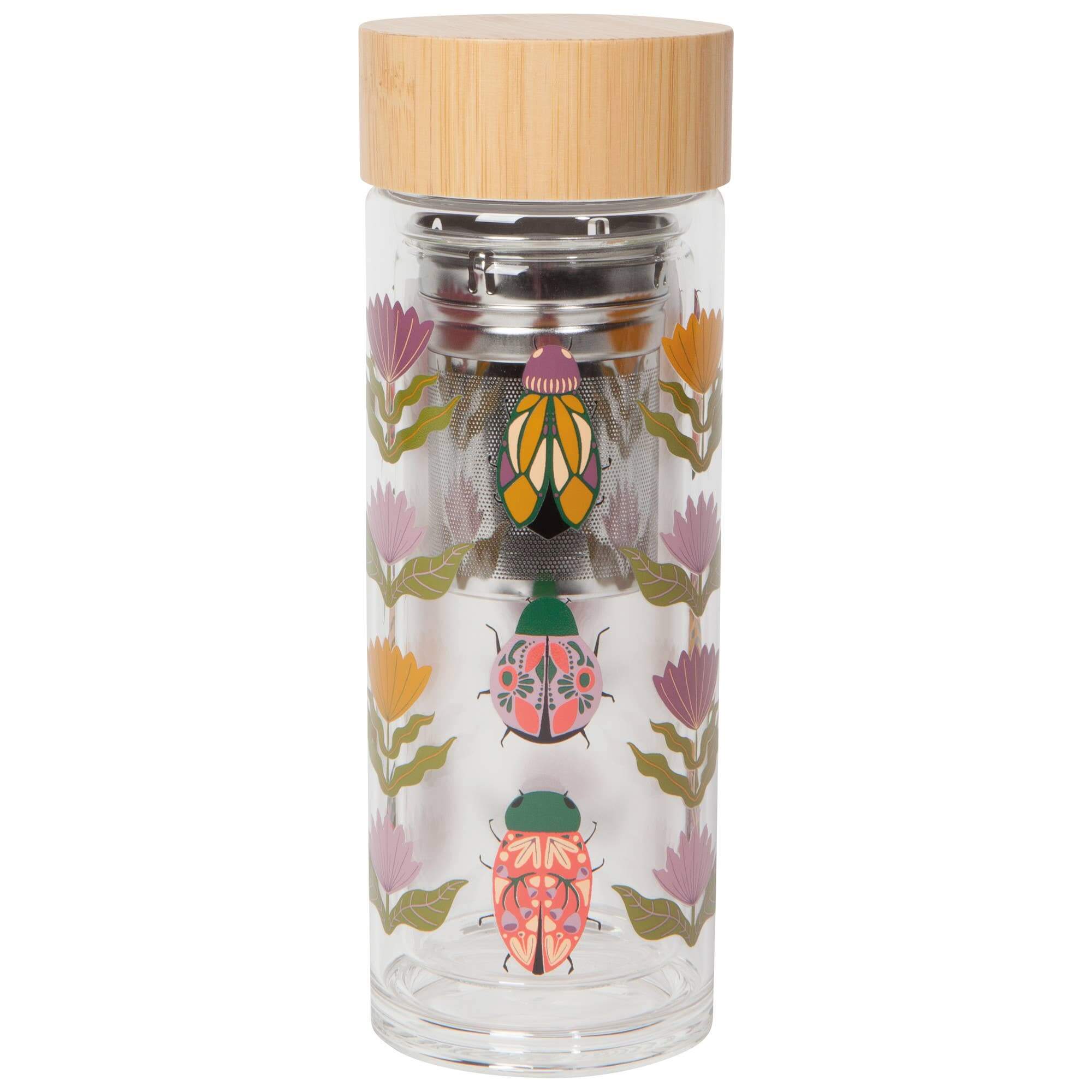 Amulet Tea Infuser Bottle with scarab beetle and flower designs, double wall borosilicate glass, bamboo lid, 12 oz.