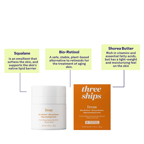 Dream Bio-Retinol + Shorea Butter Rejuvenating Cream jar and box, EWG verified, for brighter and smoother skin.