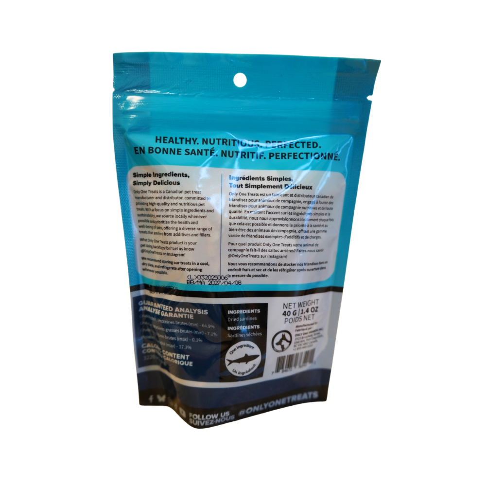 Dog food packaging with blue and black design on a white background