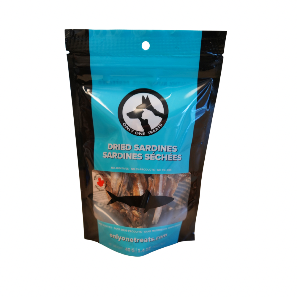 Package of dried sardines with a blue label and black border on a white background