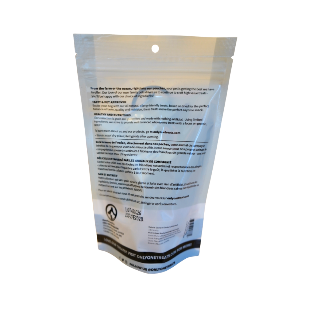 Dog treat package with text on a white background