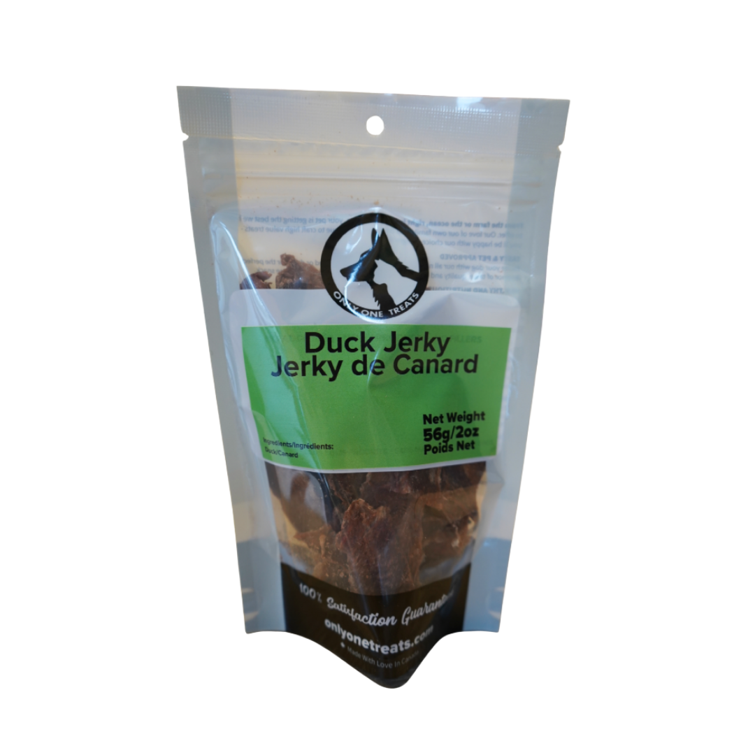 Package of duck jerky with a green label on a white background