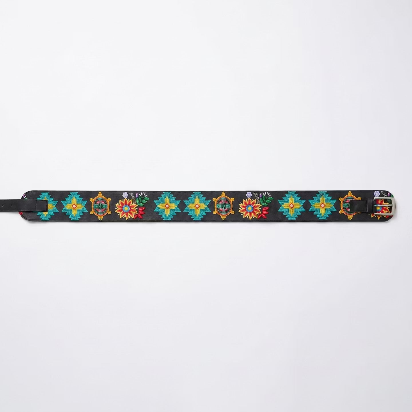 Old Tribes Heritage Leather Regalia Belt – Turtle – Black Leather with Turquoise & Ochre Embroidery