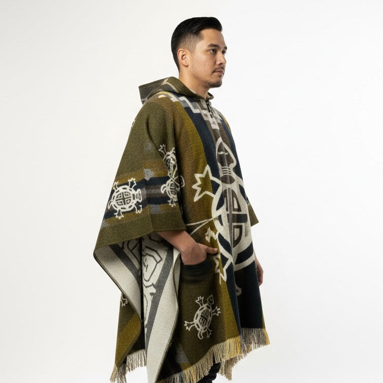 A man wearing a hooded knit poncho with a Southwestern geometric pattern in olive green, black, and cream, standing against a plain white studio background.