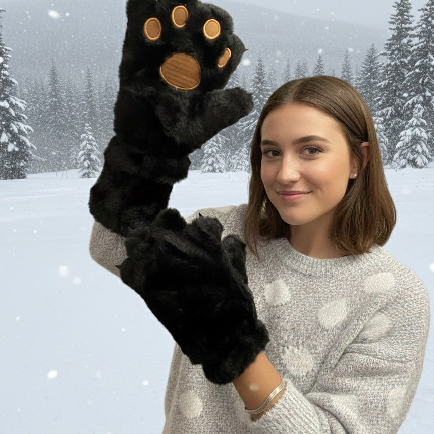 OldTribes Black Soft Plush Bear Paw Gloves – Cozy Winter Gloves A woman wearing a light gray knit sweater holds up a black plush winter glove shaped like a cat paw, with tan paw pads and claws, against a snowy forest background.