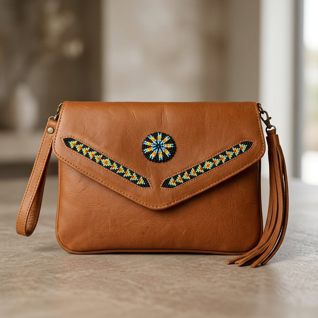 OldTribes A tan leather crossbody handbag with a flap closure, featuring geometric beaded details in yellow, blue, and black on the front flap, a central circular beaded medallion, a wristlet strap, and a tassel detail, set against a blurred indoor background.