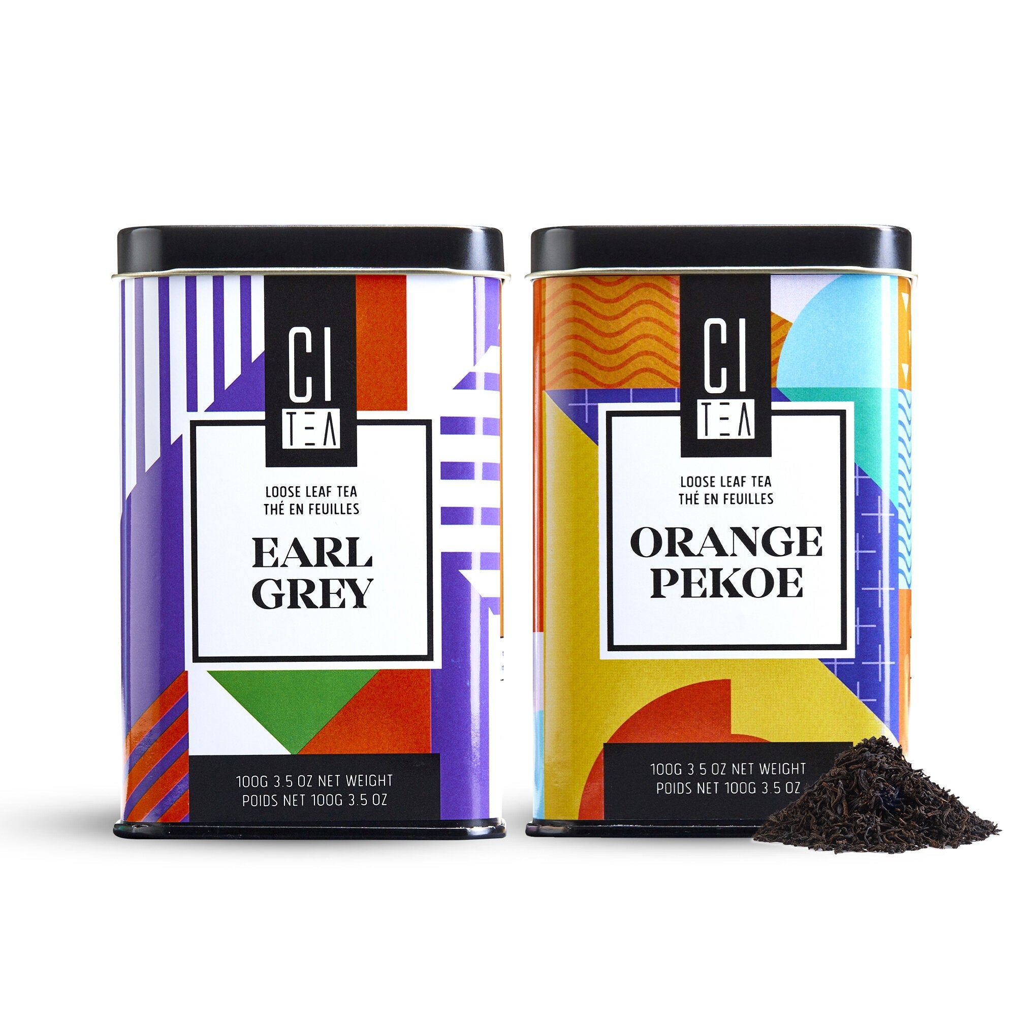 Two CI Tea canisters, one labeled 'Earl Grey' and the other 'Orange Pekoe', on a white background.