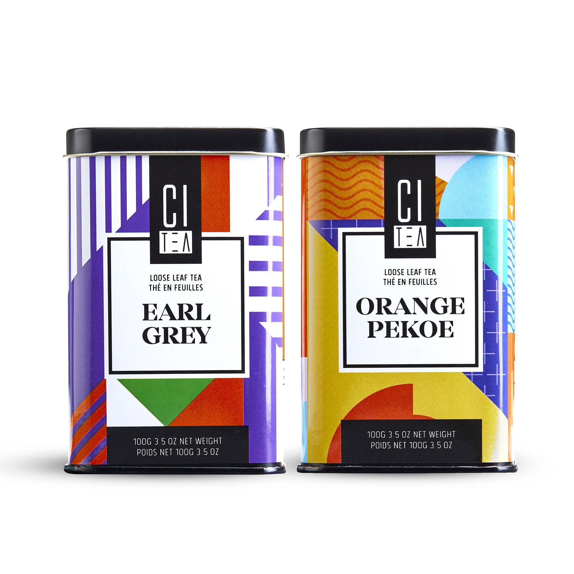 Two CI Tea tins, one labeled 'Earl Grey' and the other 'Orange Pekoe', on a white background.