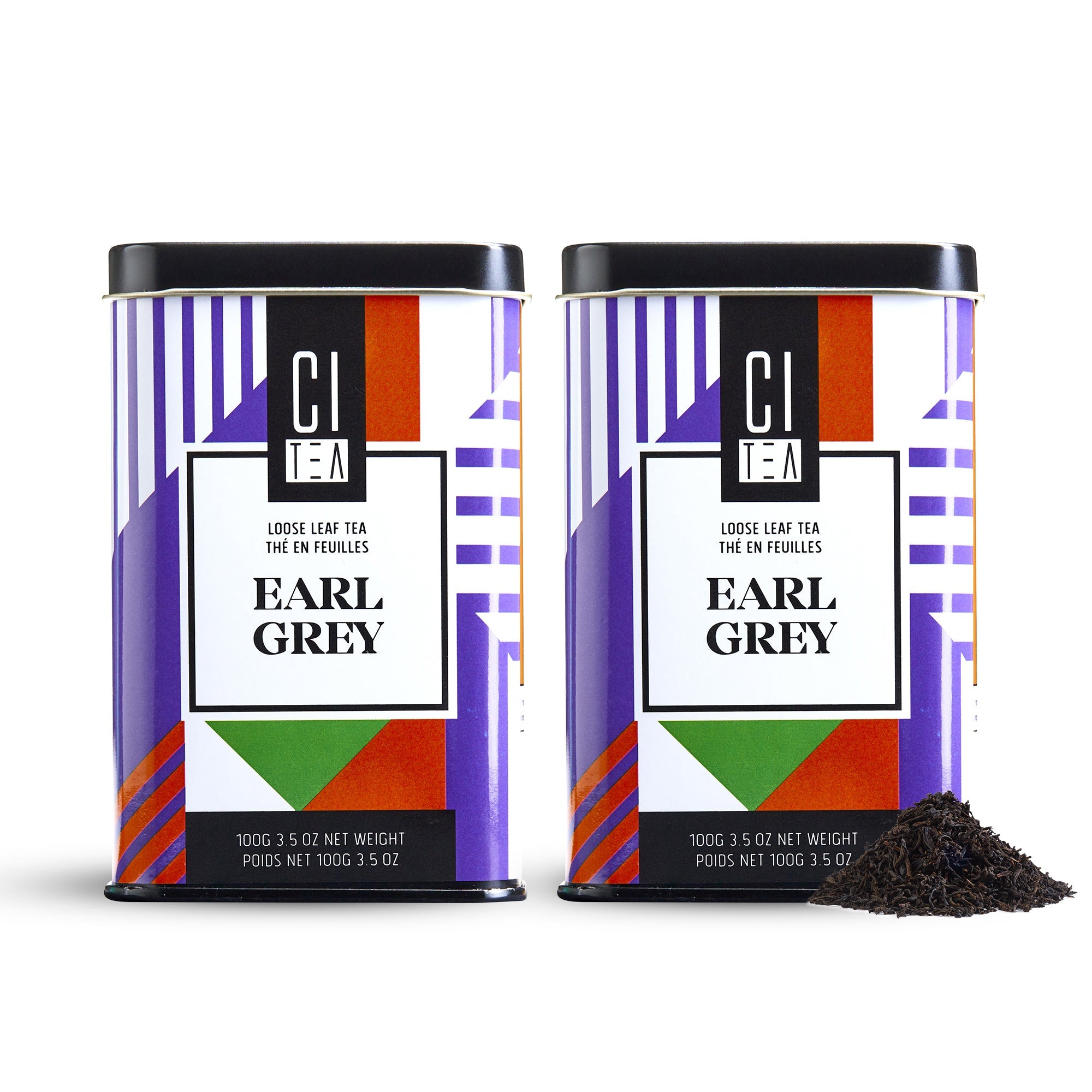 Two CI Tea Earl Grey tea tins with a small amount of tea leaves on a white background