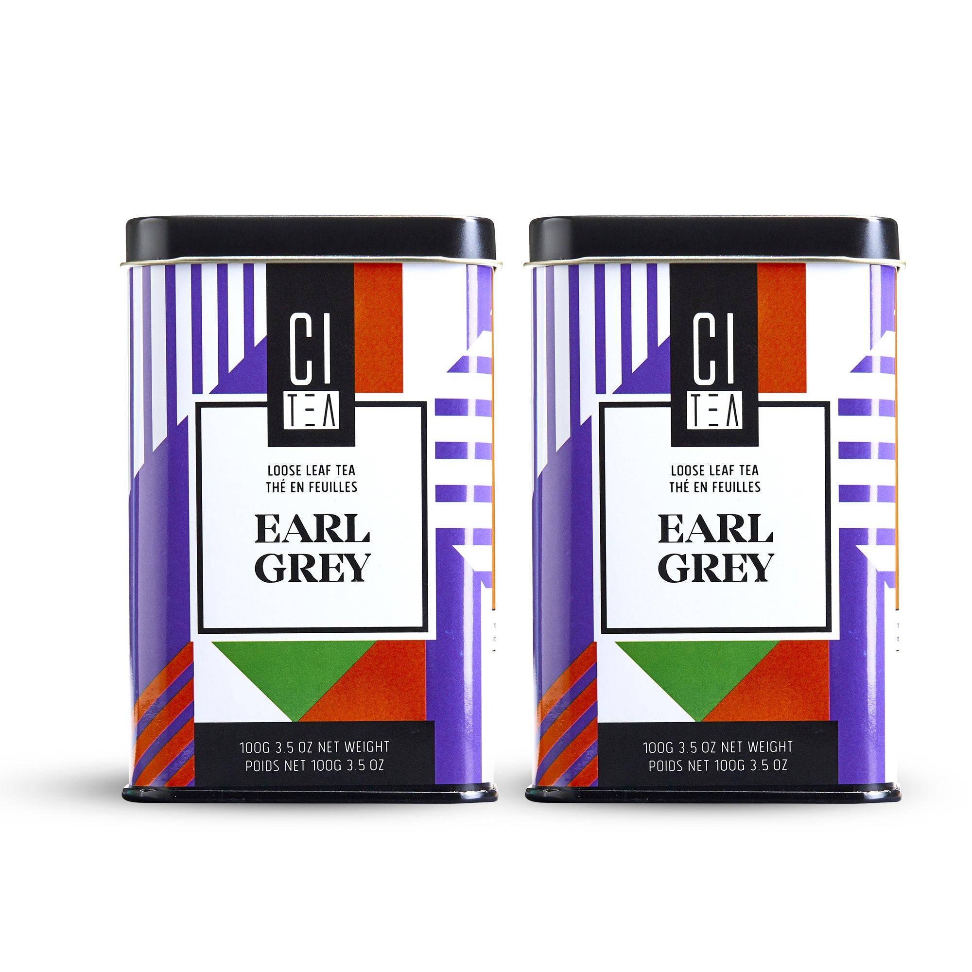 Two CI Tea Earl Grey tea tins with colorful geometric design on a white background
