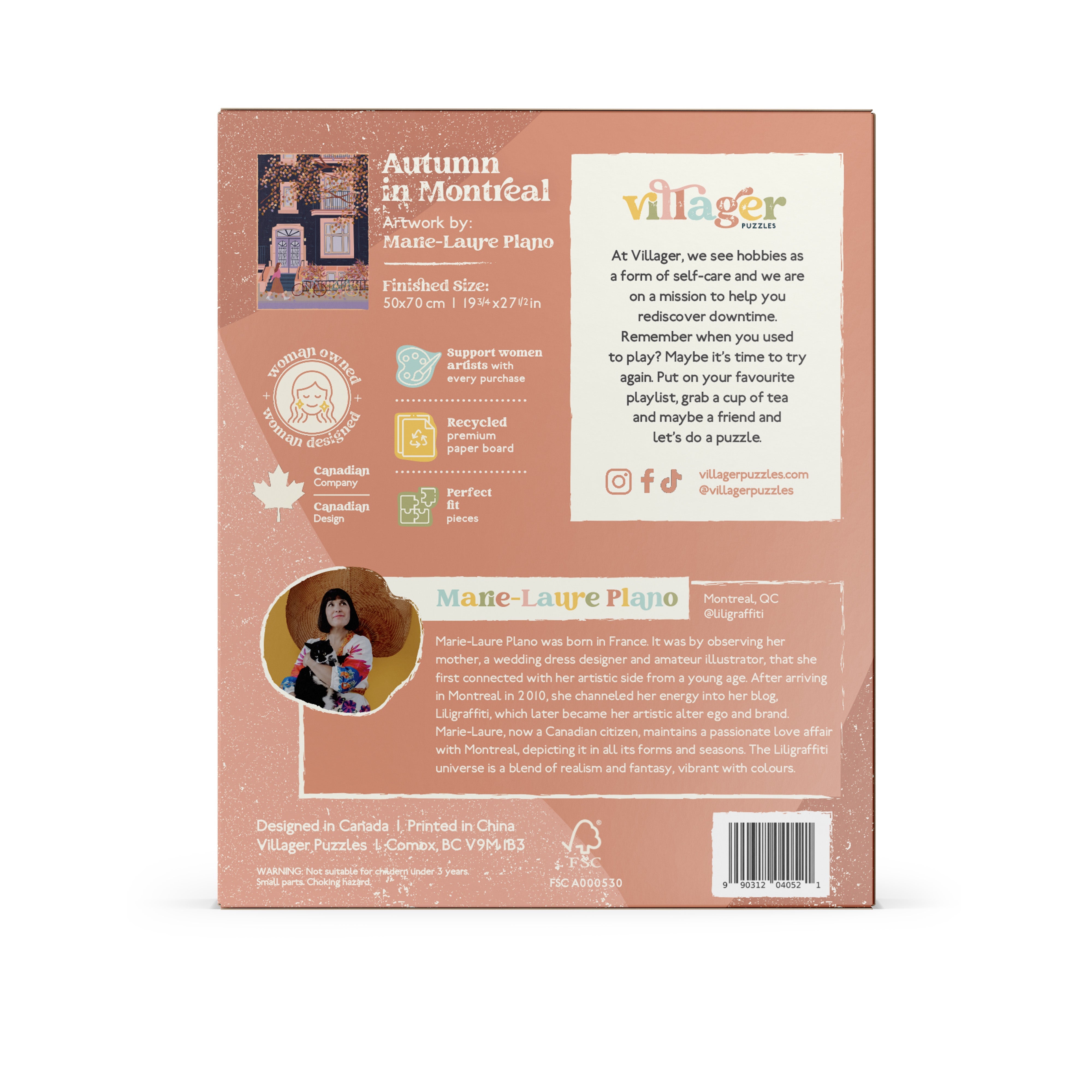Back of a puzzle box with branding and product details on a white background