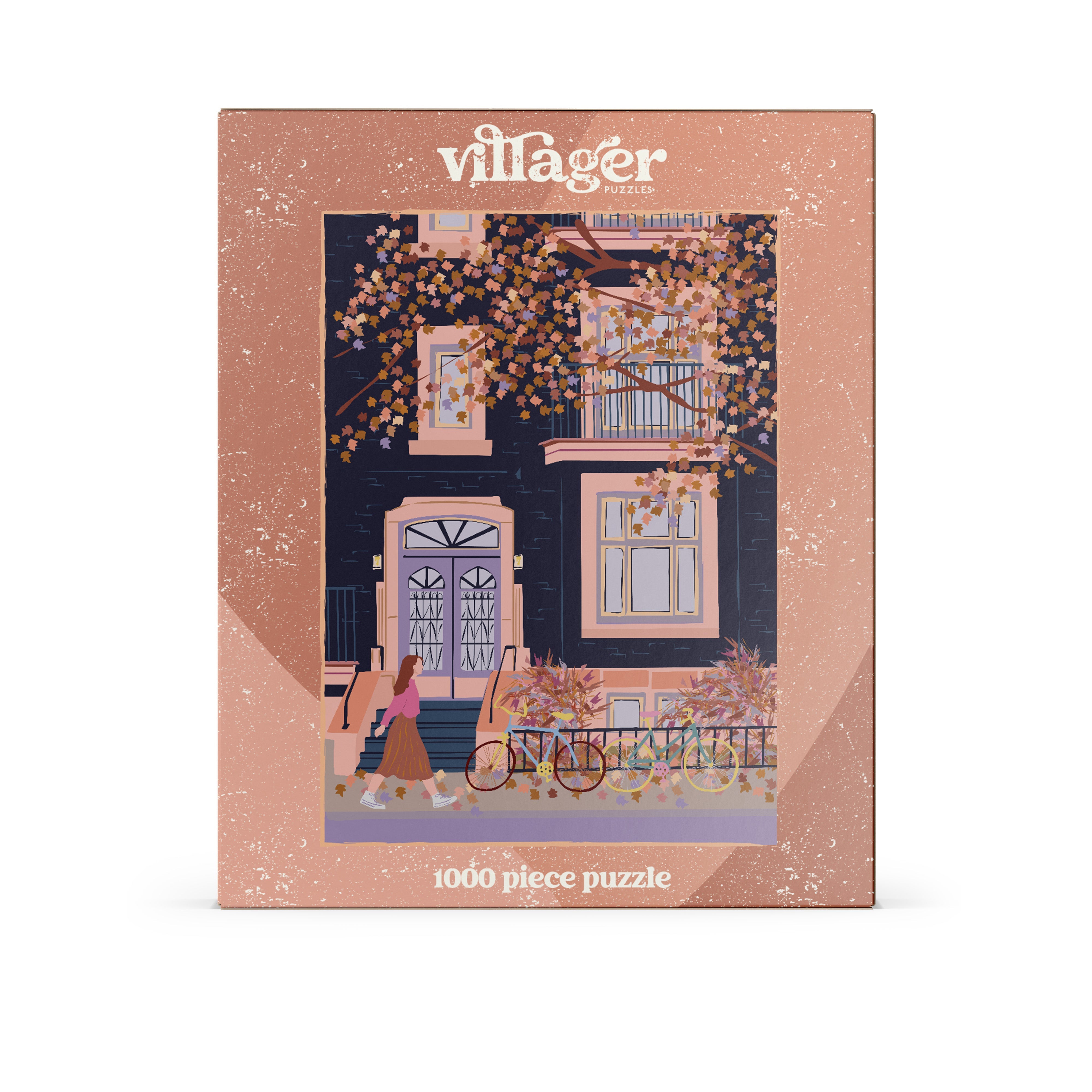 Villager puzzle box with a scenic illustration of a building and people on a street.