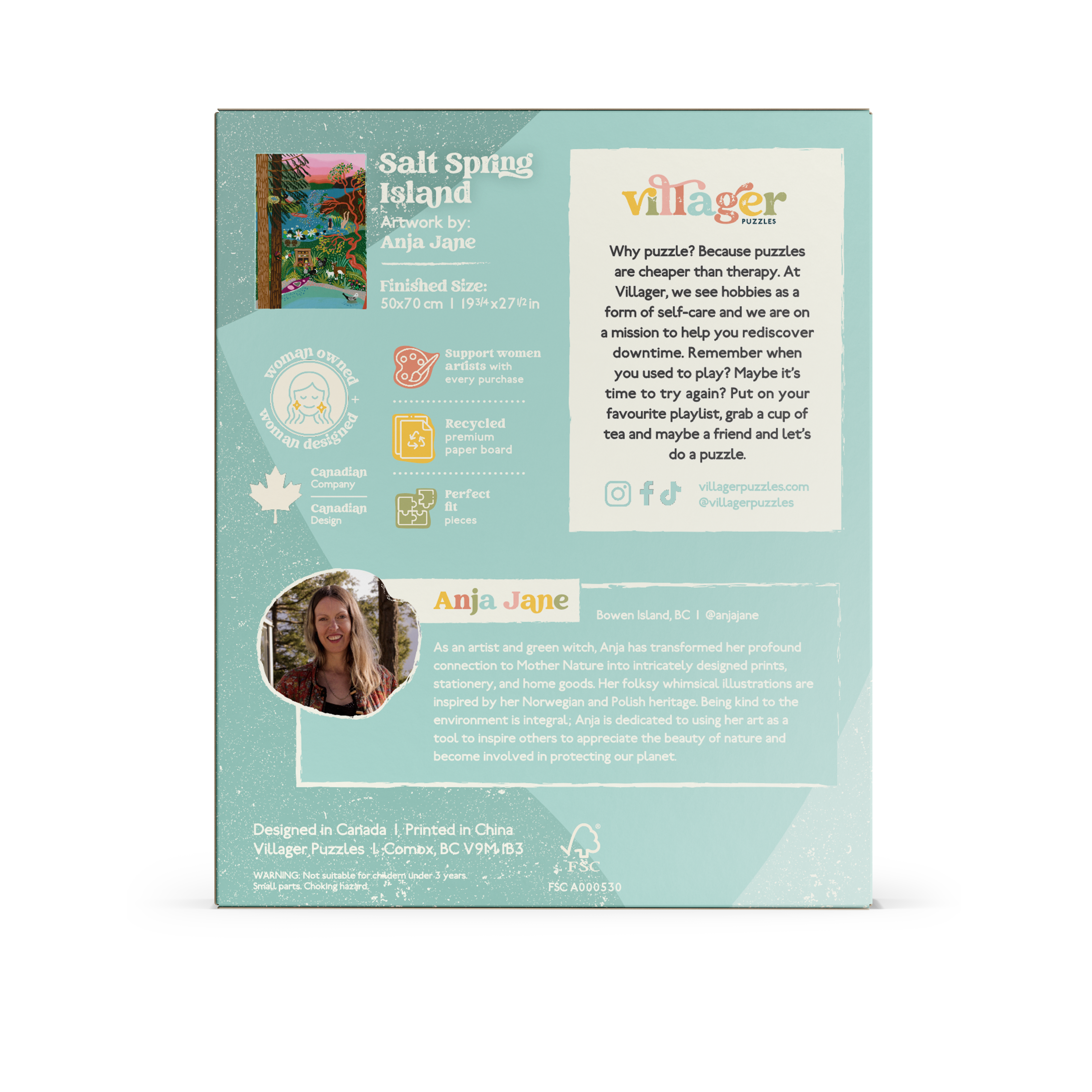 Village Puzzles packaging with branding and product details on a light blue background