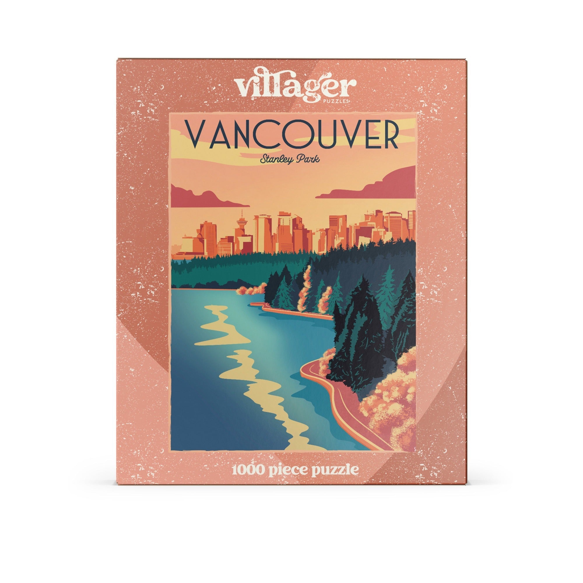 Vancouver-themed puzzle packaging with a scenic illustration on a white background