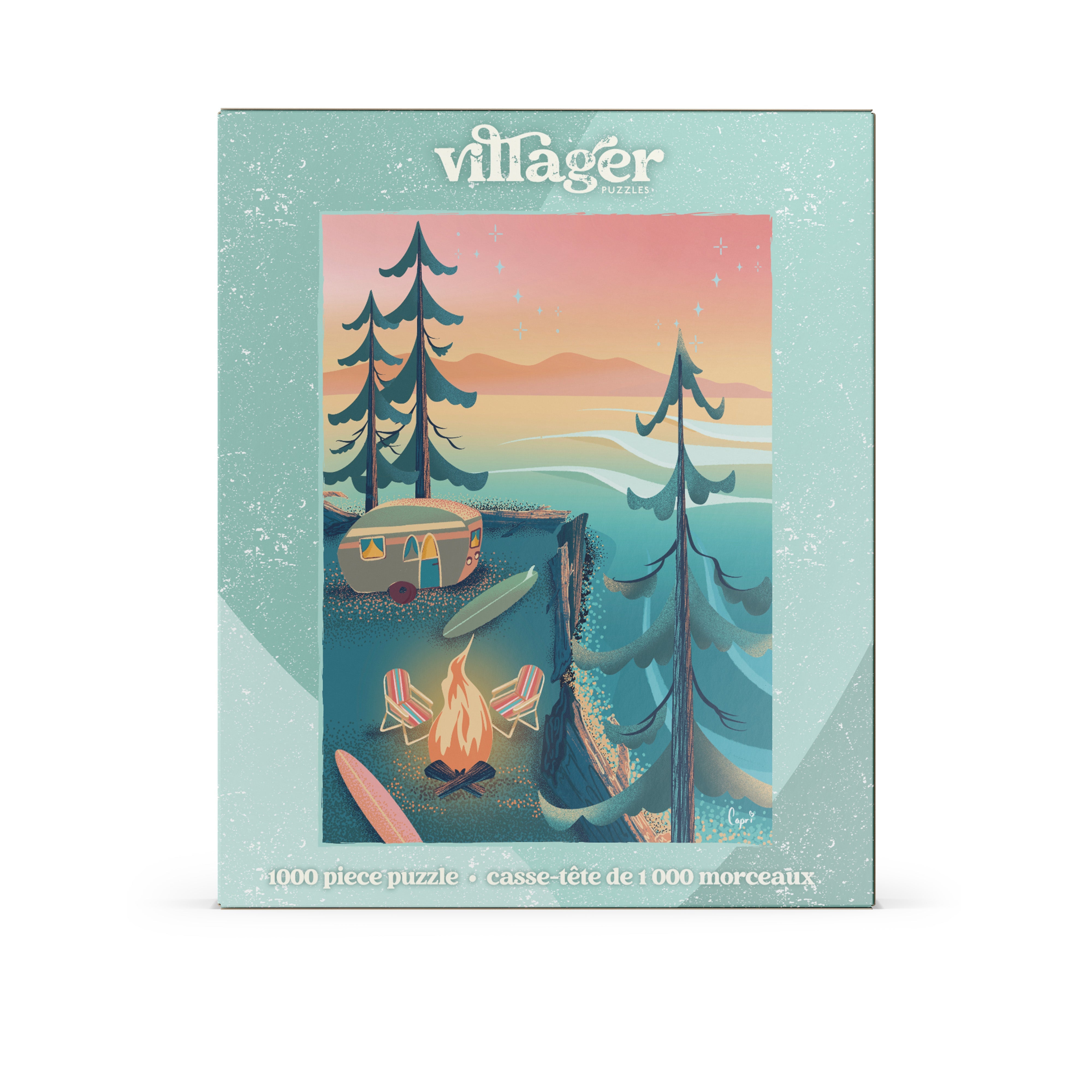 Villager puzzle box with a scenic illustration of a campsite.