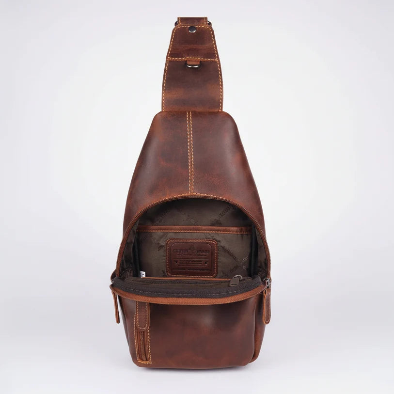 Greenwood Leather Crossbody Chest Bag | Boutique of Leathers brown open