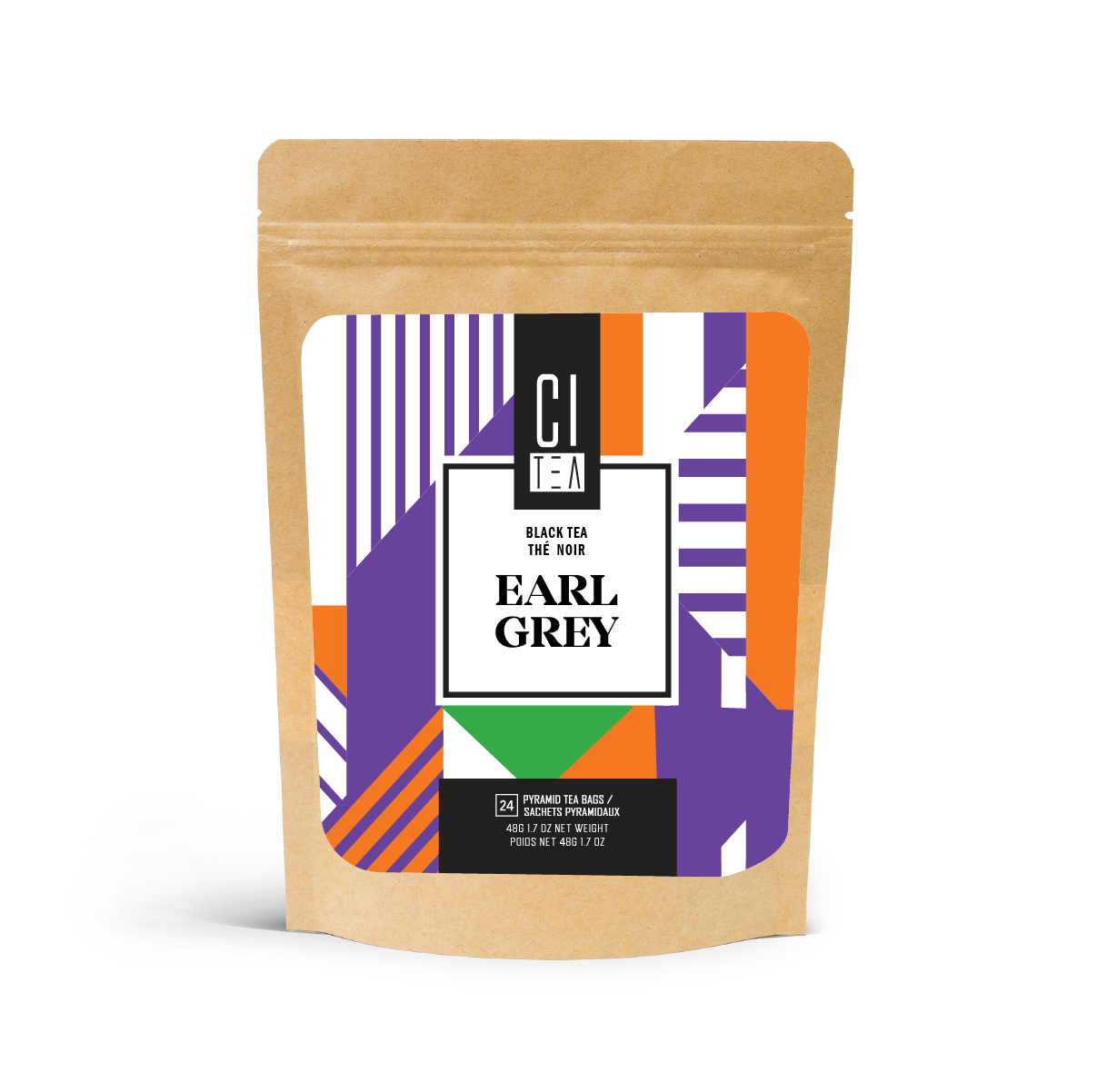 Tea package with colorful label on a white background