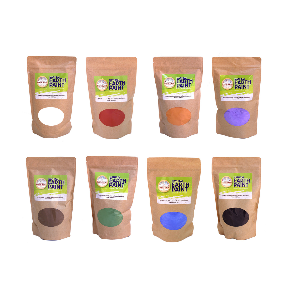 Set of eight bags of natural earth paint with color swatches on a white background
