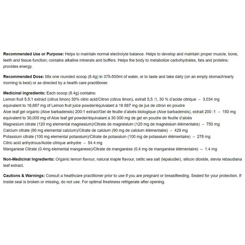 A text-heavy product informational panel for a lemon juice electrolyte supplement, showing recommended use, dosage, medical ingredients, and cautions on a white background.