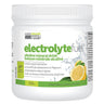 A white plastic tub of Prairie Naturals Sport Electrolyte Fuel lemon-flavored alkaline mineral drink, featuring green and yellow text and a lemon graphic on the label.