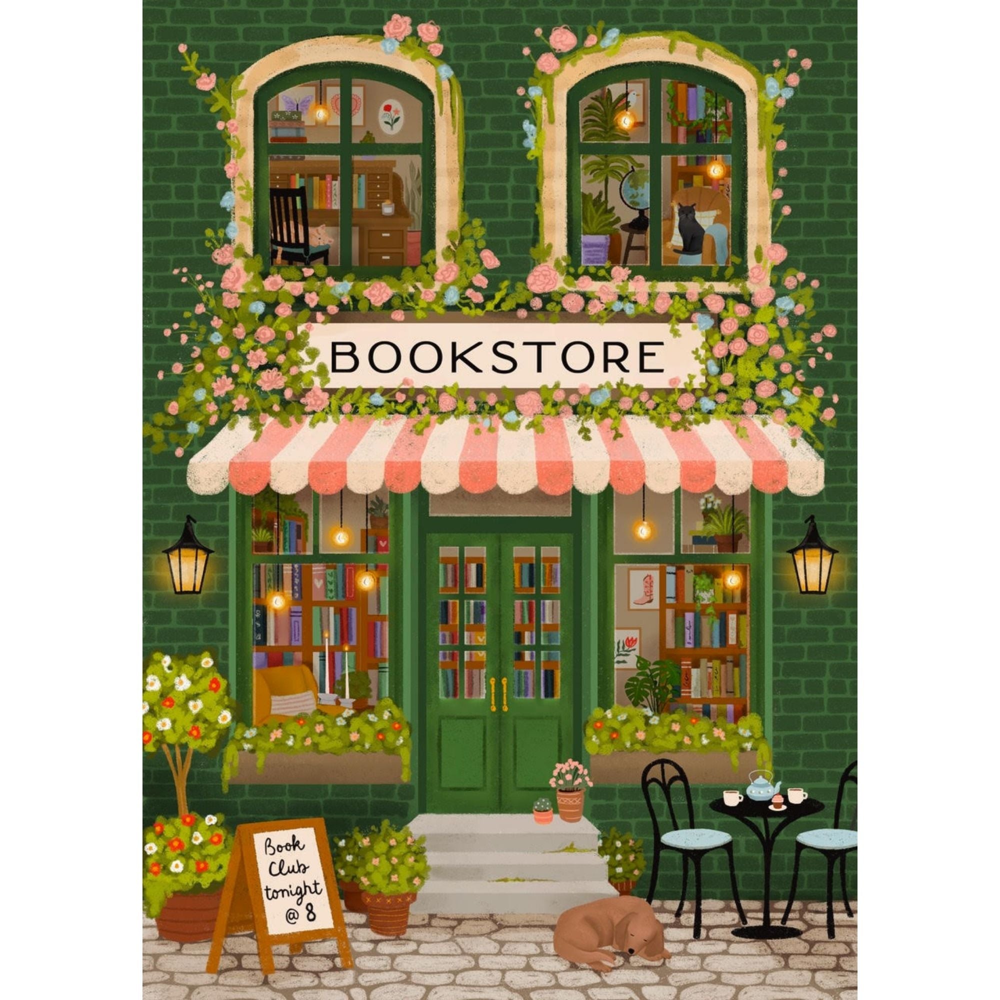 Villager puzzles Bookstore puzzle packaging with a green building and pink awning. Illustration of a quaint bookshop with a green facade, floral decorations, and a pink striped awning.
