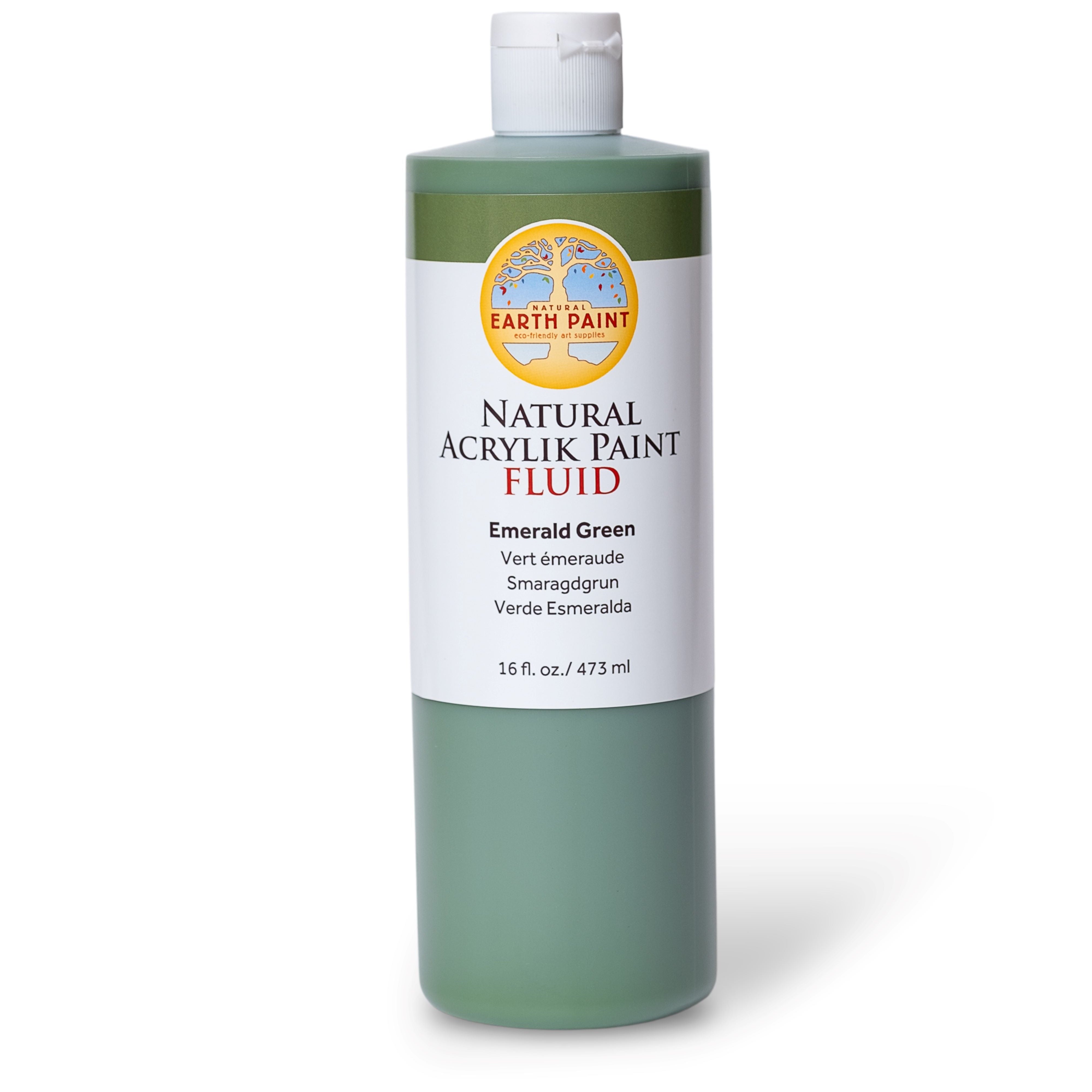 Bottle of Earth Paint Natural Acrylic Paint Fluid in Emerald Green on a white background