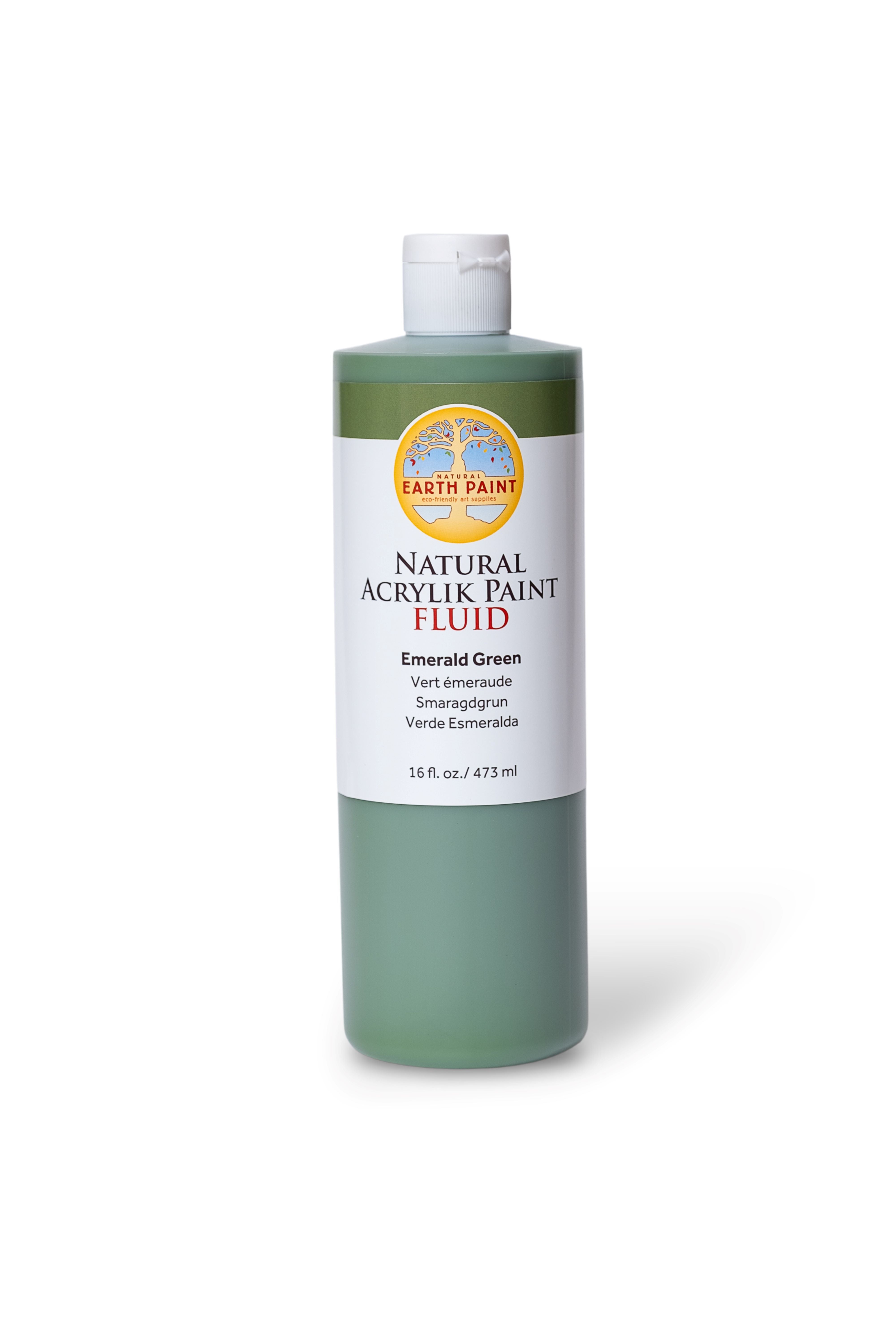 Bottle of Earth Paint Natural Acrylic Paint Fluid in Emerald Green on a white background