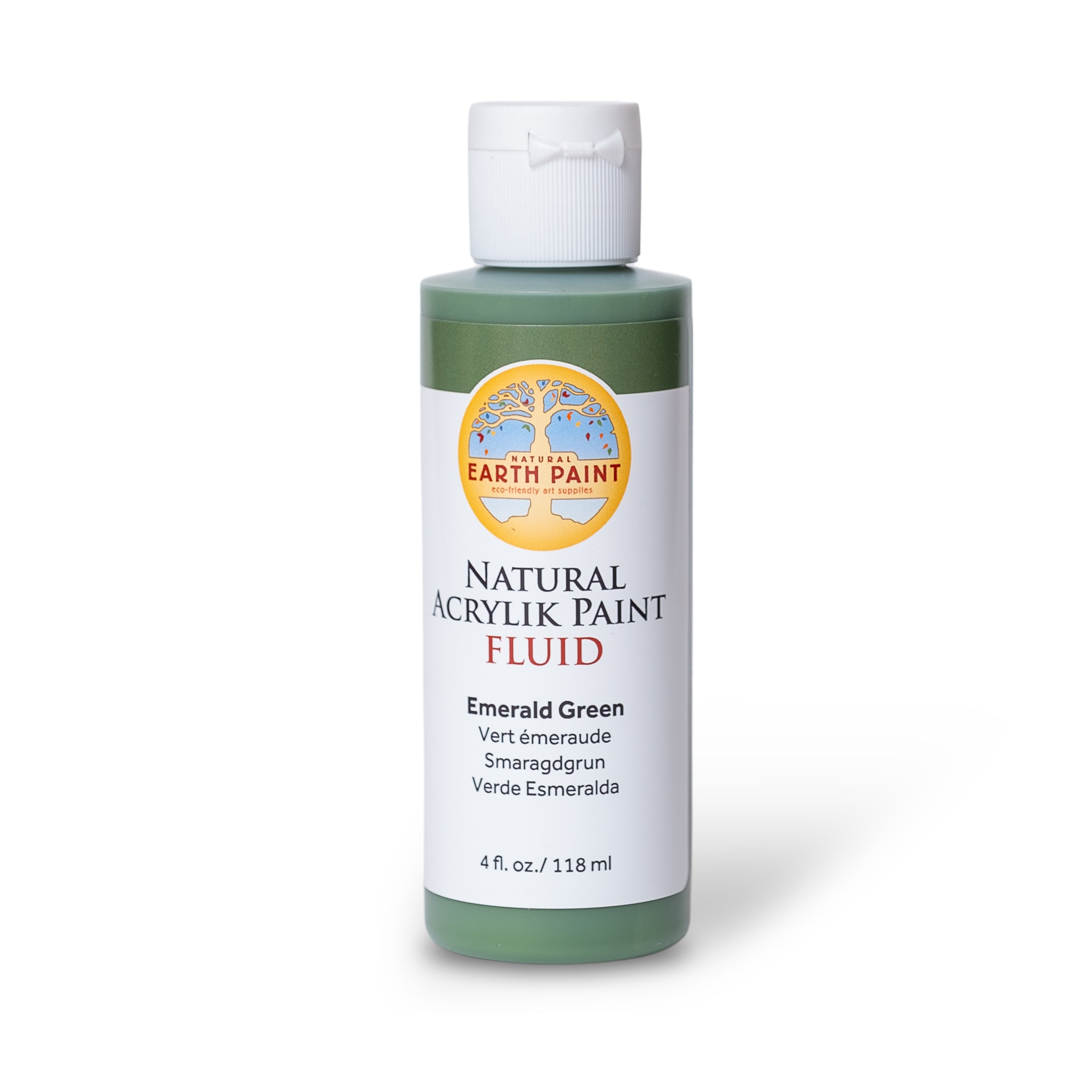 Bottle of Earth Paint natural acrylic paint fluid in emerald green on a white background