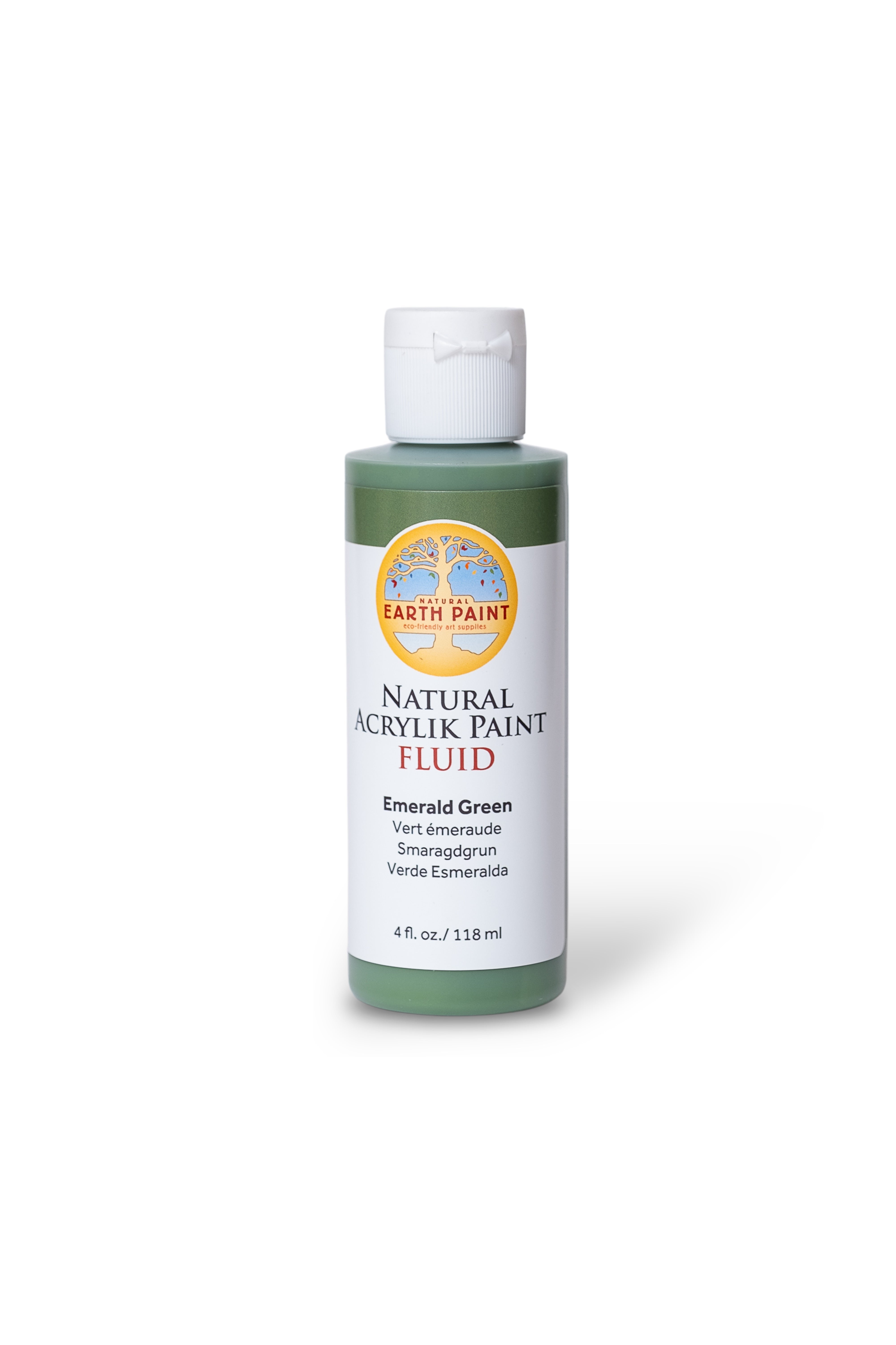 Bottle of Earth Paint natural acrylic paint fluid in emerald green on a white background