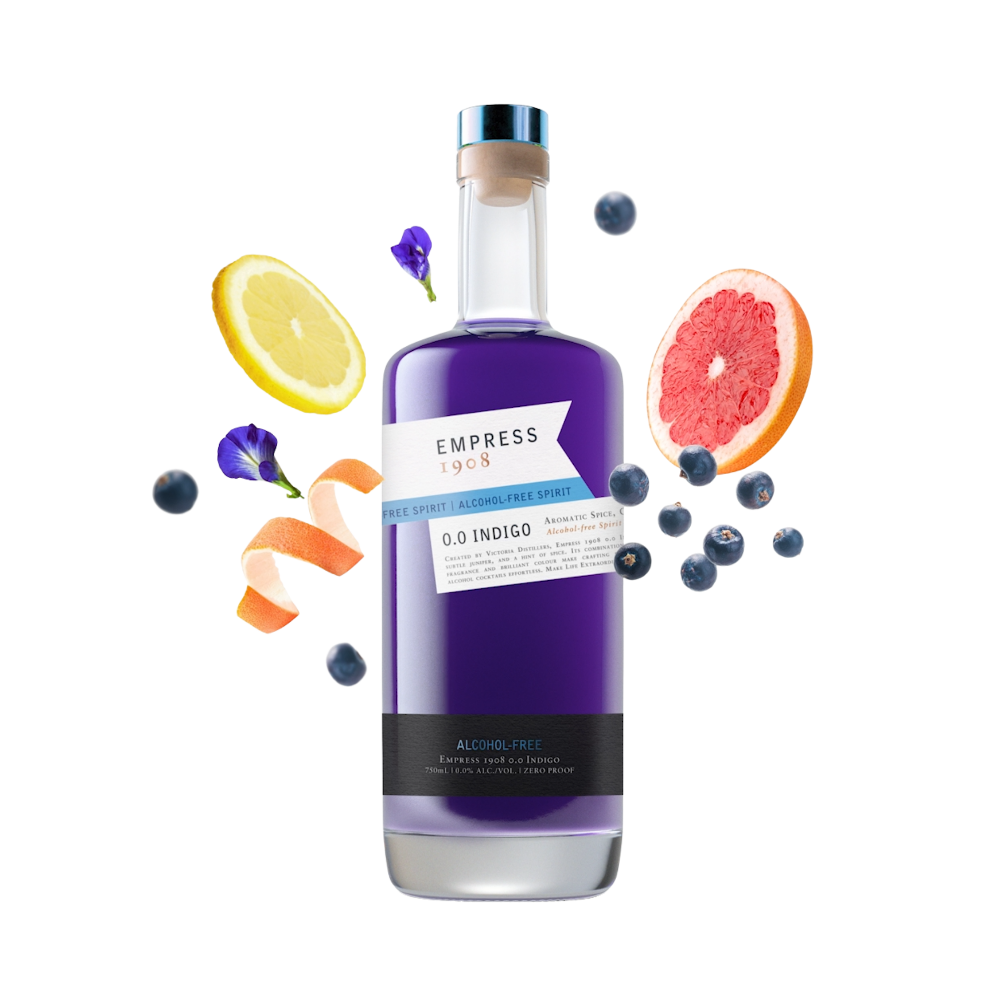 Purple bottle of Empress 1908 gin with fruit and botanical elements on a white background The Sobr Market