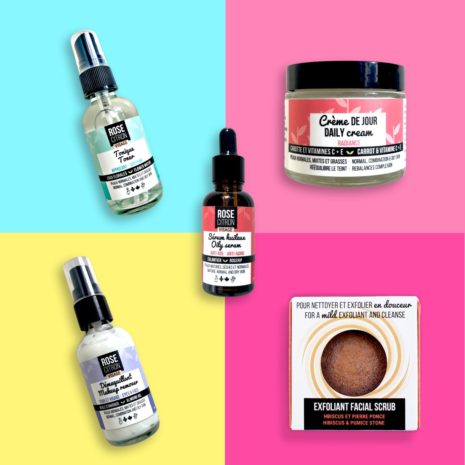 Collection of skincare products on a colorful background