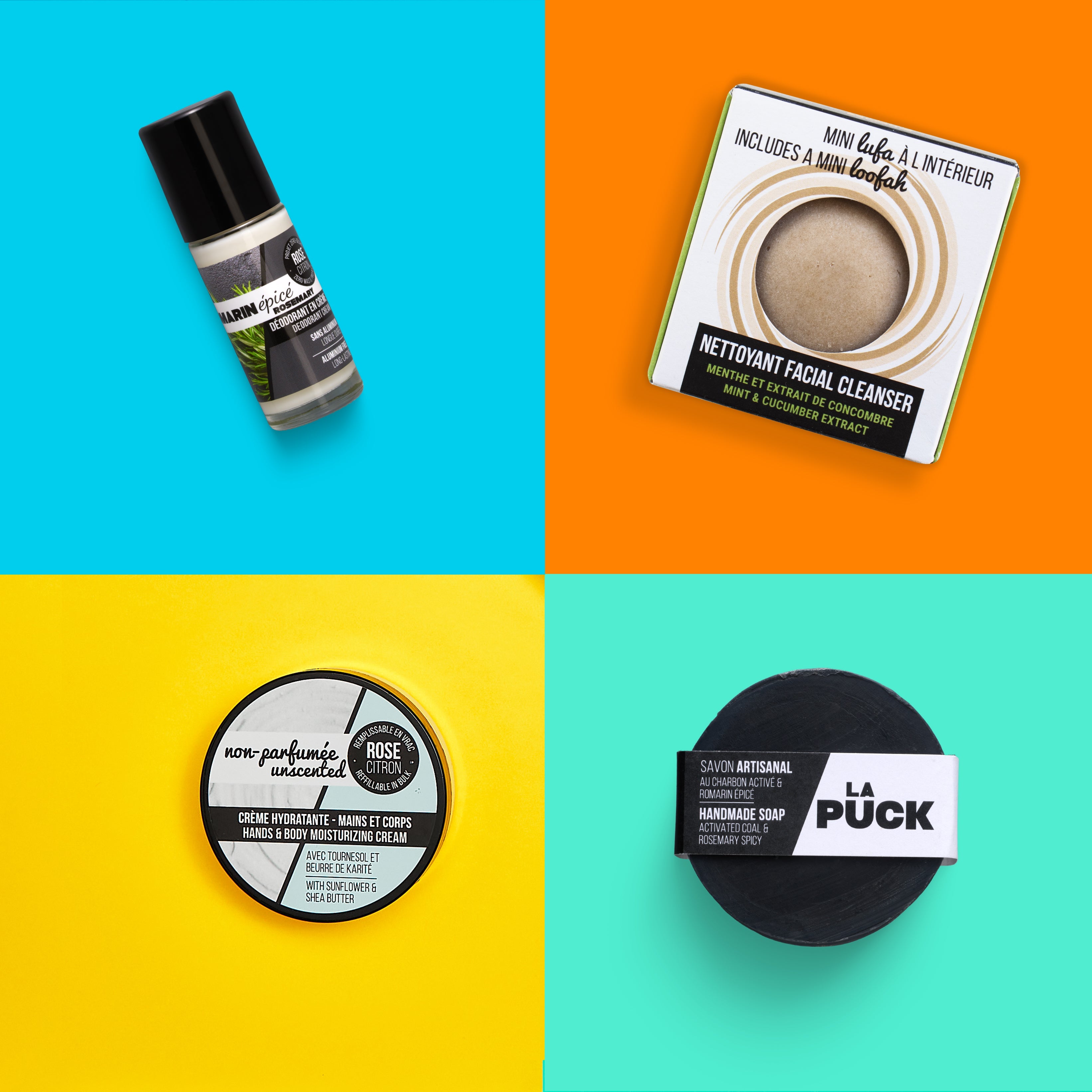 Four cosmetic products on a colorful grid background