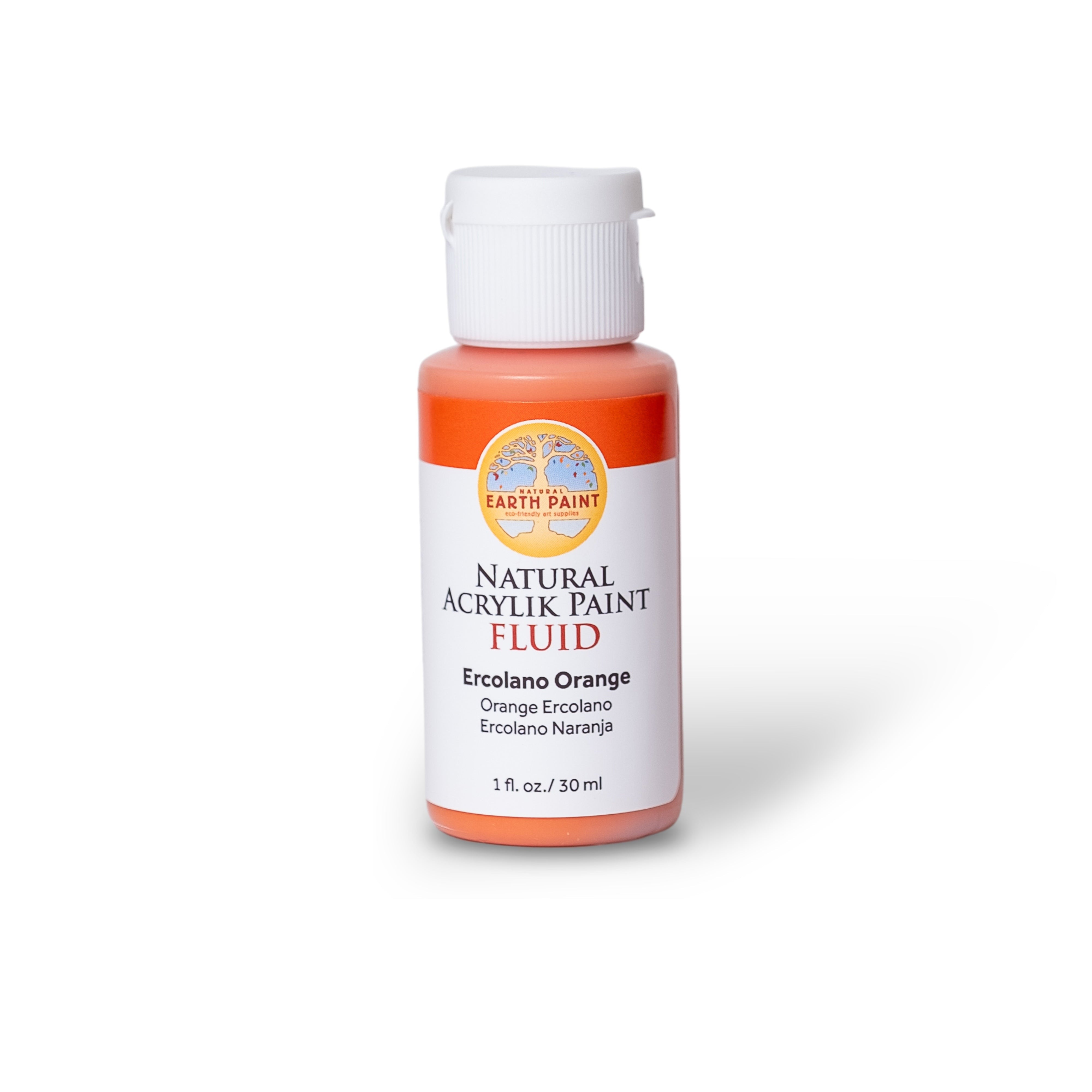 Bottle of Natural Acrylic Paint Fluid in Orange Enchanted color on a white background