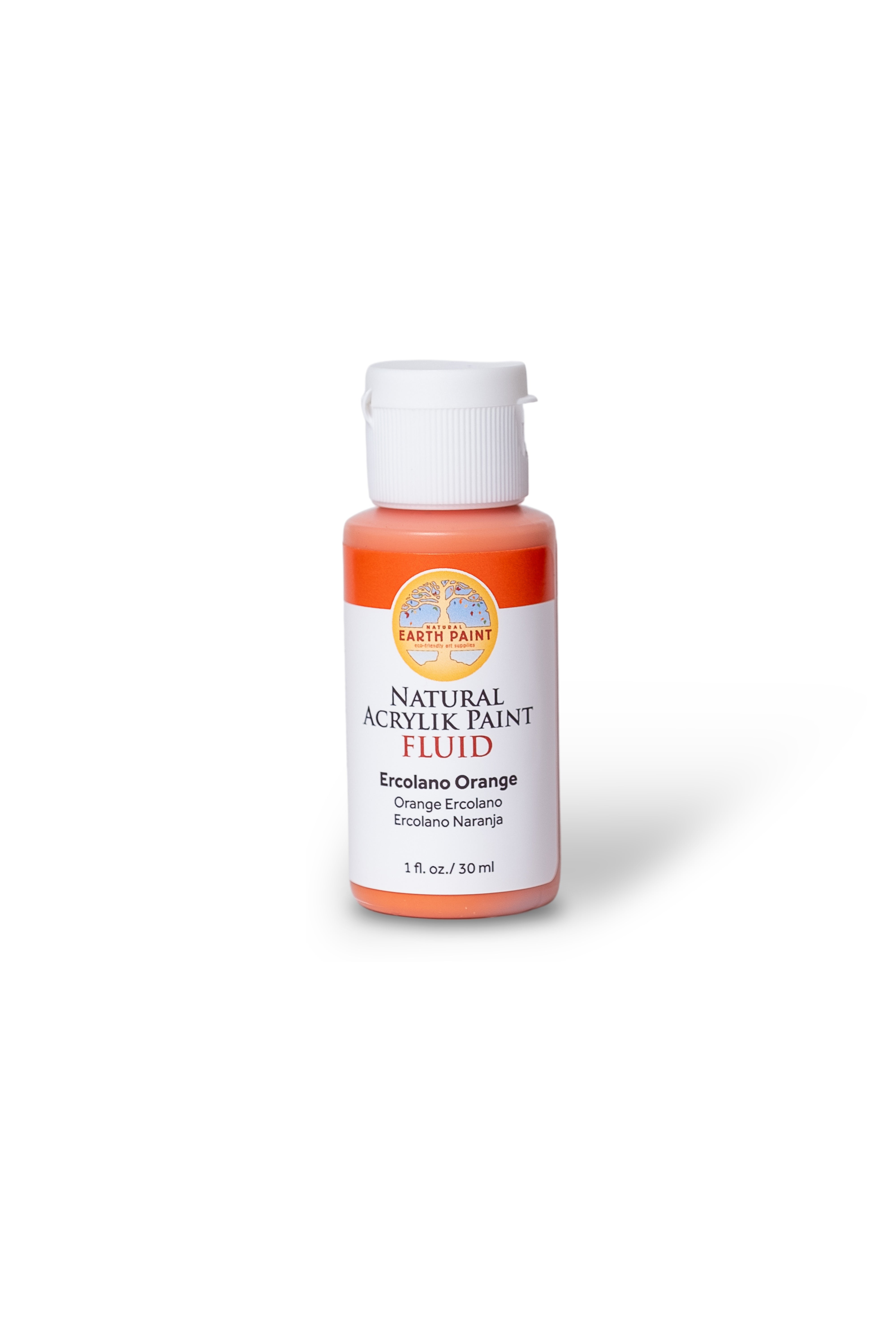Bottle of Natural Acrylic Paint Fluid in Orange Enchanted color on a white background