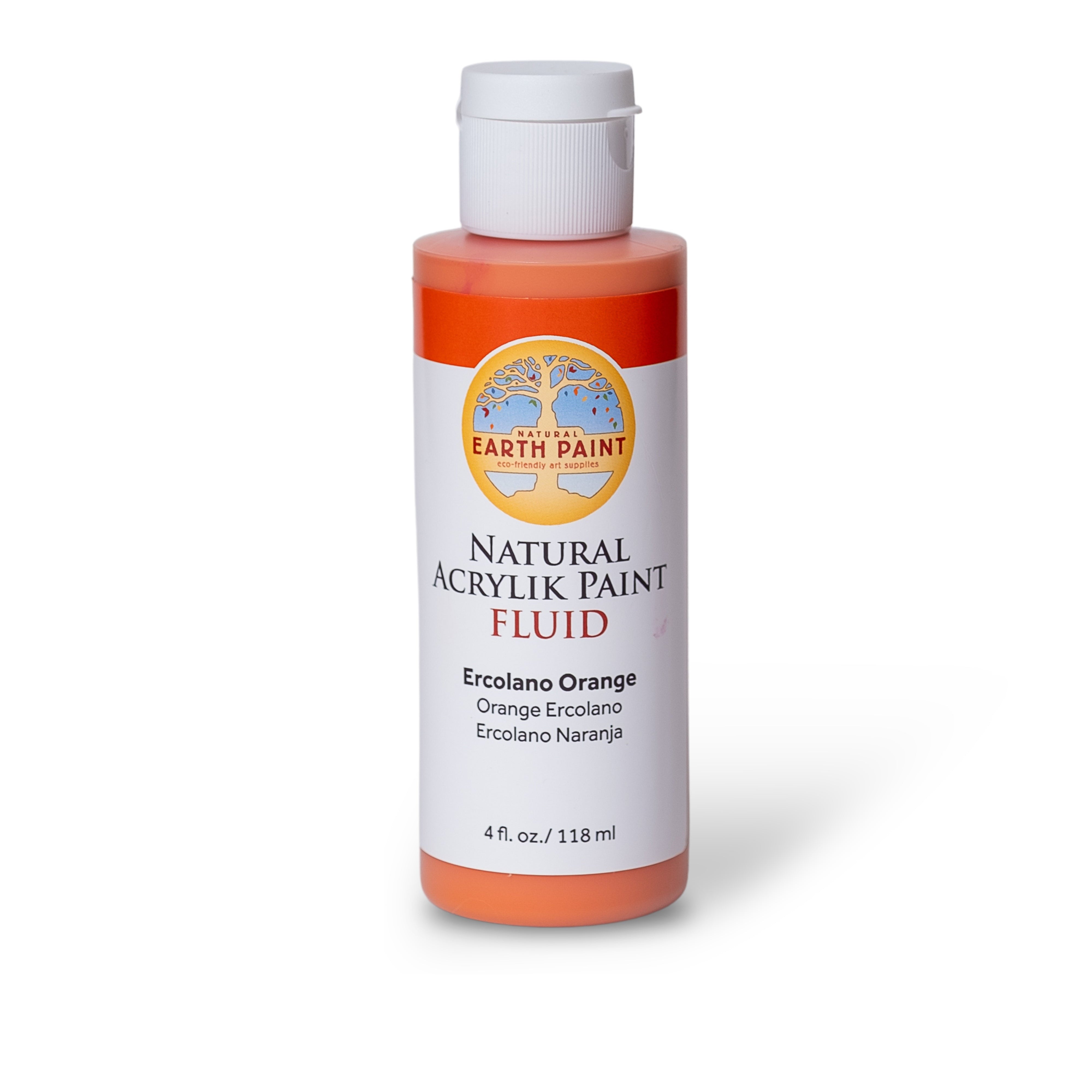Bottle of Earth Paint Natural Acrylic Paint Fluid in Ecceliana Orange on a white background