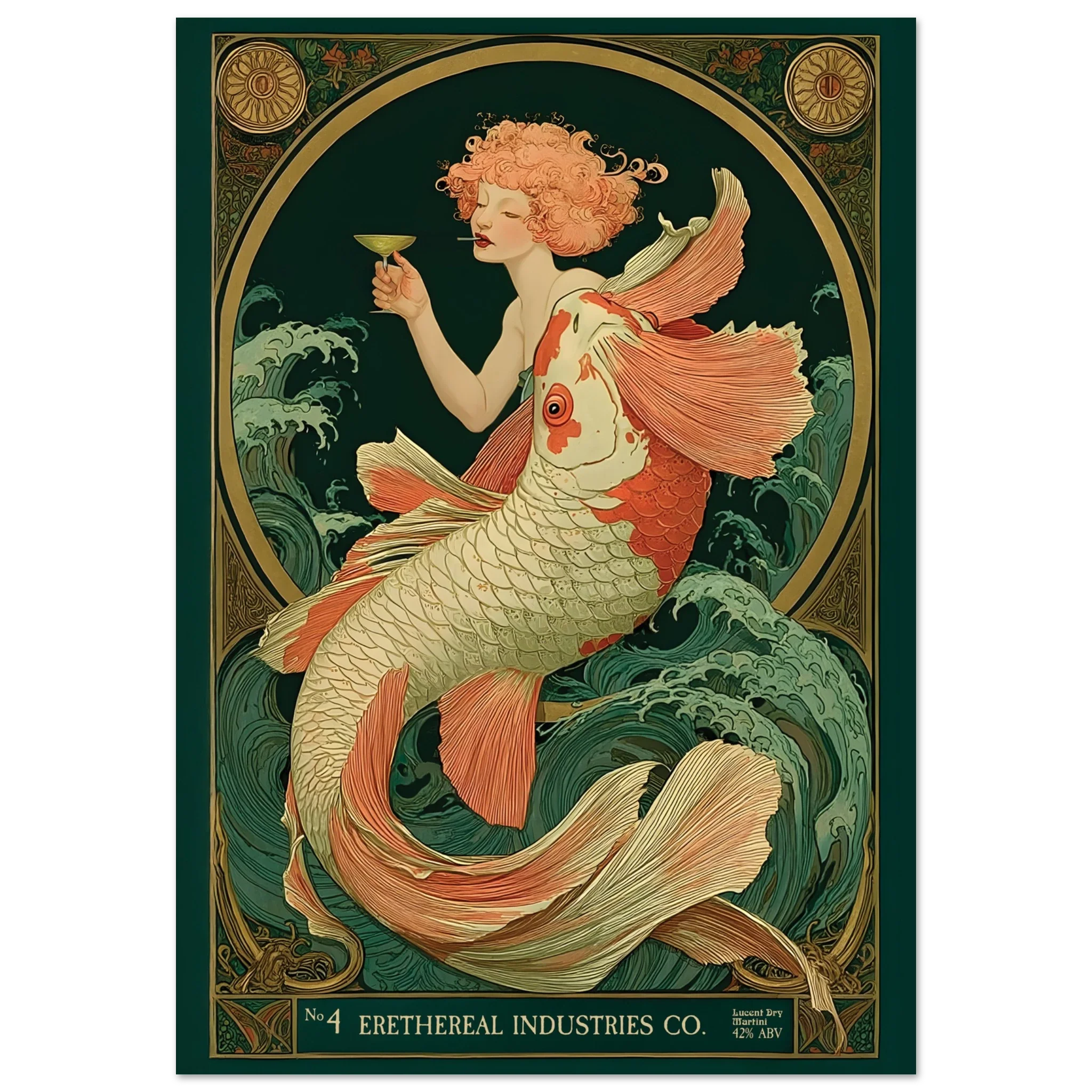 Art Nouveau-style poster featuring a mermaid and fish with intricate details and decorative elements. Erethereal_art_print_Lucent Dry Martini - Poster & Framed Print
