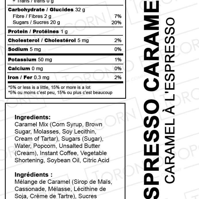 Nutrition facts label for Espresso Caramel popcorn with ingredients listed.