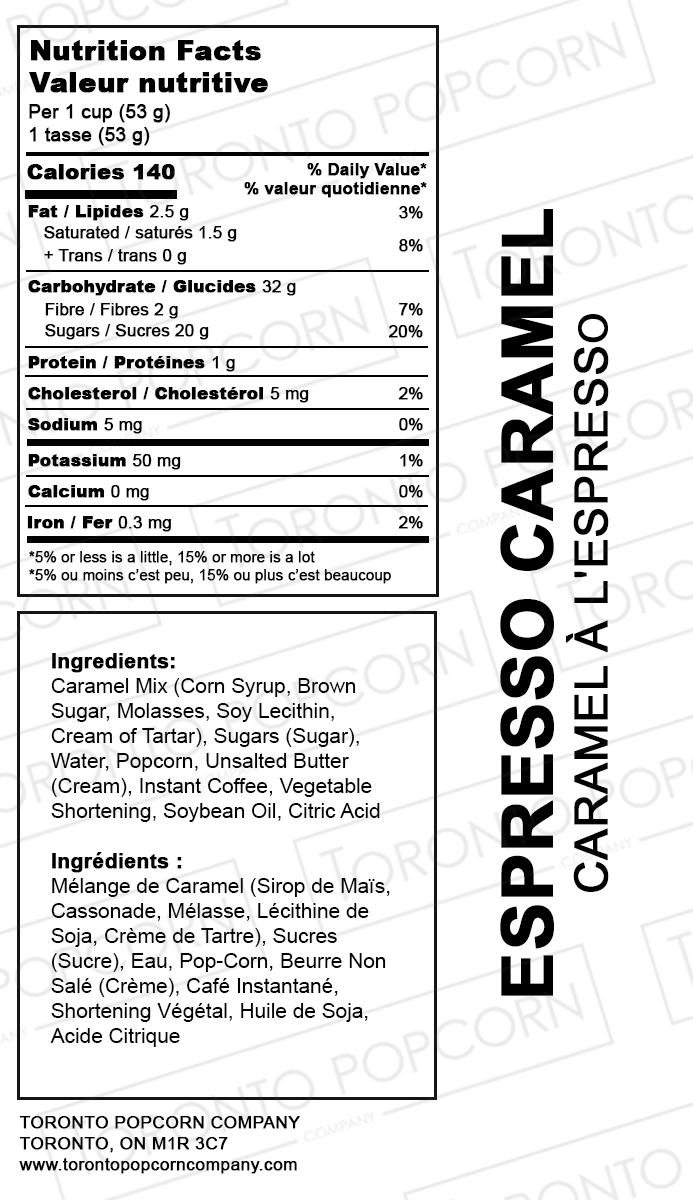 Nutrition facts label for Espresso Caramel popcorn with ingredients listed.