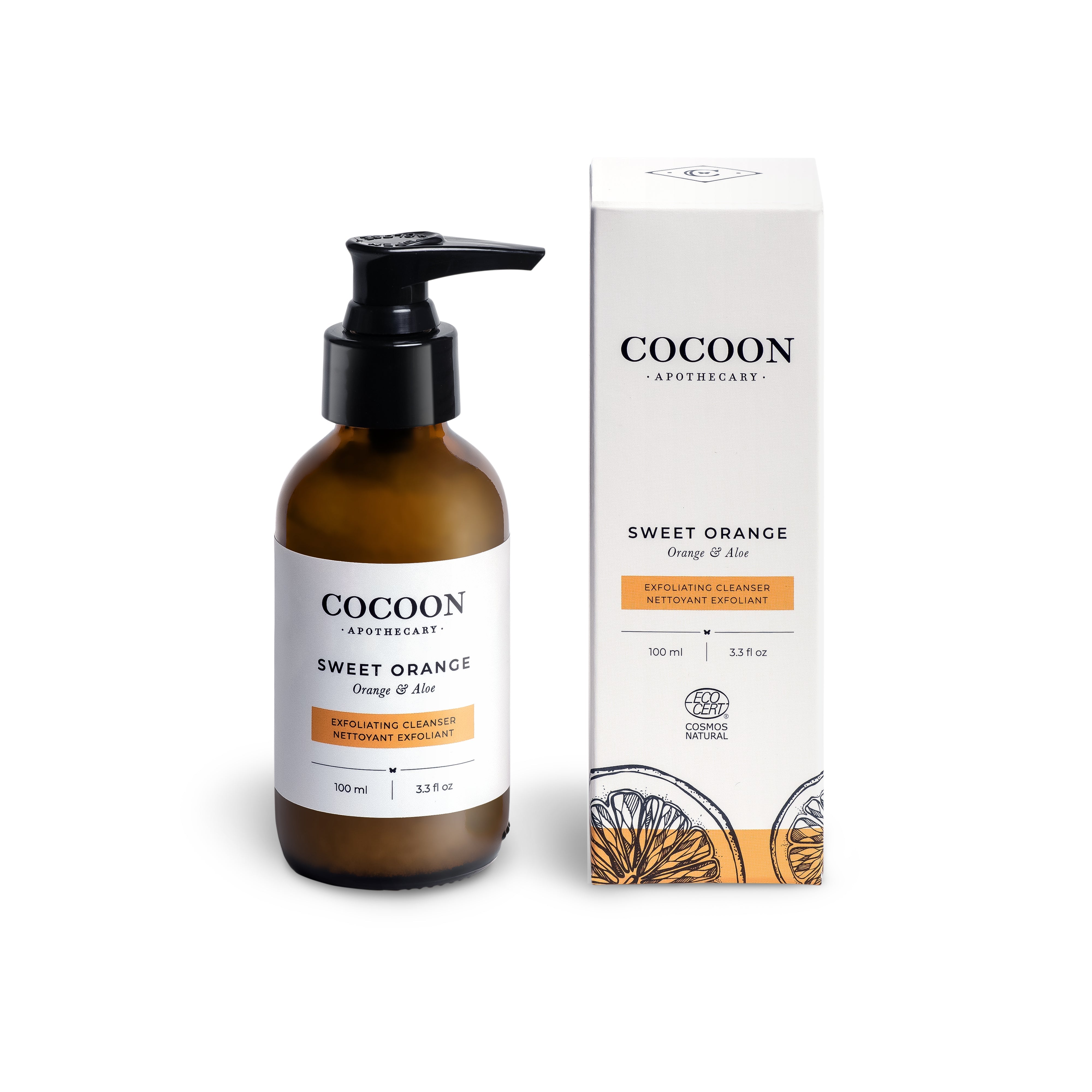 Cocoon Sweet Orange skincare product with pump bottle and packaging on a white background