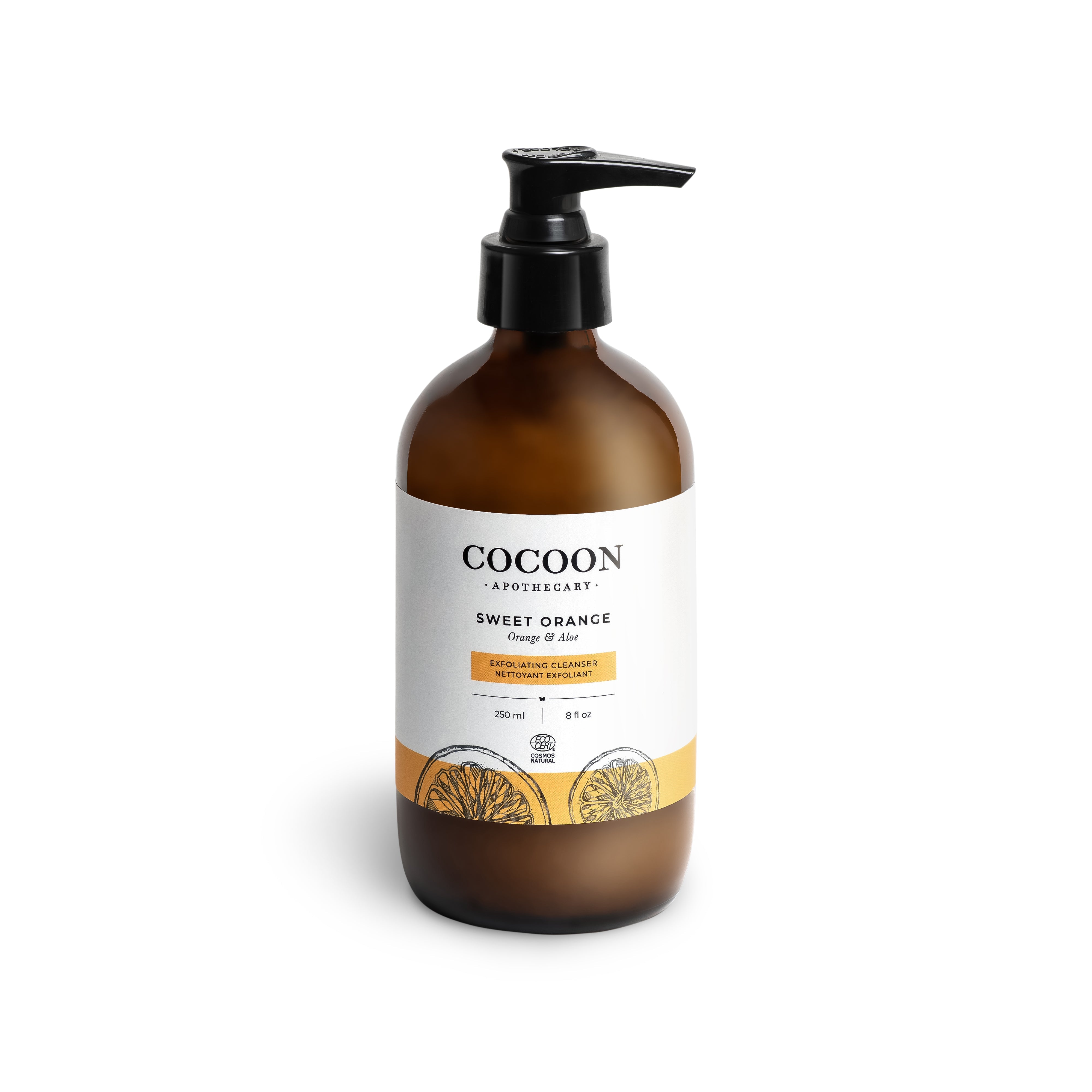 Amber bottle with pump labeled 'Cocoon' on a white background